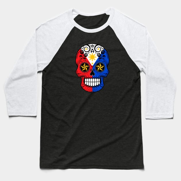 Filipino Flag Sugar Skull with Roses Baseball T-Shirt by jeffbartels
